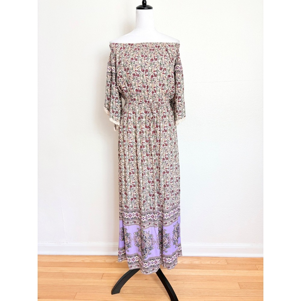 Angie Lavender Floral Flared Flutter Sleeve Maxi Dress Size Medium Boho Cottage